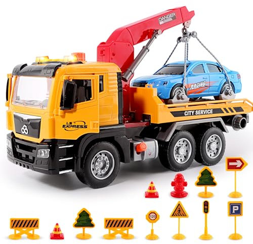 BunnyJOY Camion Enfant 3 Ans, Jouets Véhicules, Jouets Dépanneuse avec Lumières et Sons, 12 Panneaux de Signalisation, Cadeau Enfant Garçon 4 5 6 7 8 Ans
