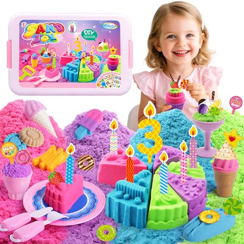 Billeeit Cake & Ice Cream Sensory Bin Sand Toy, Sand Kit Sensory Toys w/lid and 4 Color Moldable Sensory Play Sand 2.2lbs, Molds, Tools Set 43pcs Total for Toddlers, Fun Easter Gifts for Kids 3+