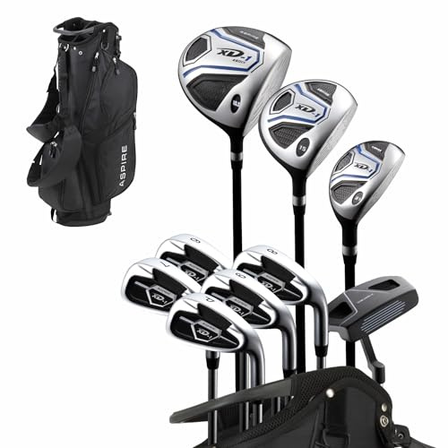 Aspire XD1 Men's 14-Piece Golf Set – 460cc Titanium Driver, Wood, Hybrid, 6-PW Irons, Putter, Stand Bag, 3 Headcovers and Cover – Blue, LH Regular