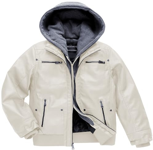 CREATMO US Boys Winter Coat Hooded Kids Bomber Spring Jackets Children Youth Windproof Motorcycle Faux Leather Zipper Coats White 14-16