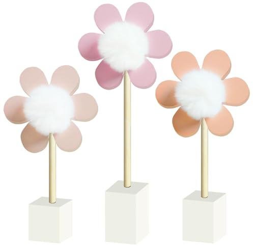 3 Pack Daisy Nursery Shelf Decor, Wooden Spring Flower with Pompom Pistil Boho Baby Girl Nursery Room Decoration Bohemian Cute Wall Art for Bedroom Kindergarten Classroom Playroom Bookshelf Gift