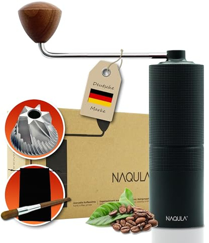 NAQULA manuelle Kaffeemühle mit 6-Achsen-Edelstahl-Mahlwerk. Präzises Mahlen, einstellbarer Mahlgrad inkl Bürste und Stofftasche. Handkaffeemühle zu Hause und unterwegs Kaffemuehle manuell