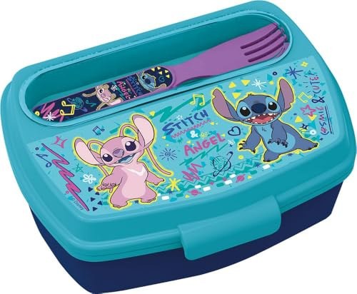 Tataway Boîte à lunch Disney Stitch pour enfants avec couverts inclus — Boîte à lunch scolaire en plastique sans BPA — Fermeture sécurisée, légère et colorée, parfaite pour la maternelle, les