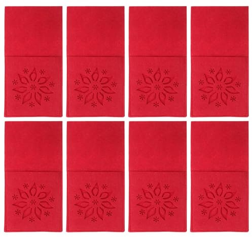 Kichvoe Sacchetti per Posate Natalizi 8 Pezzi Motivo Fiocco di Neve Rosso, Organizer per Posate Tocco Piacevole, Decorazione Rustica per Feste