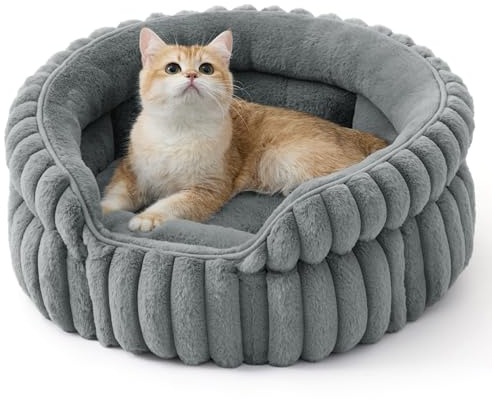 Bedsure Cuccia lavabile per gatti - 51x51 cm, piccola cuccia rotonda per gatti da interno, cestino per cuccioli con fondo antiscivolo e cuscino rimovibile reversibile, grigio