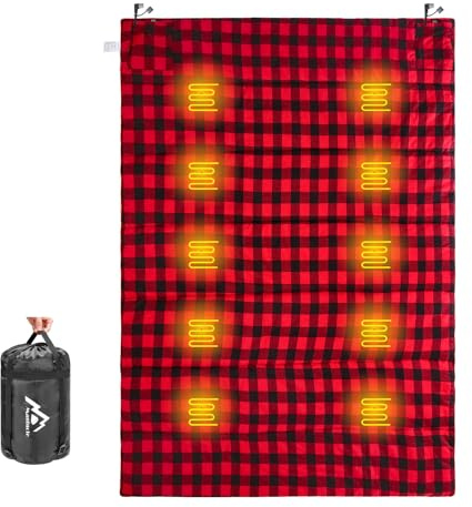 MANTUOLE Heated Sleeping Bag pad, 5+5 Heating Zones, Operated by 5V/2A USB Power Supply (Battery NOT Included). Black & Red Flannel-Double