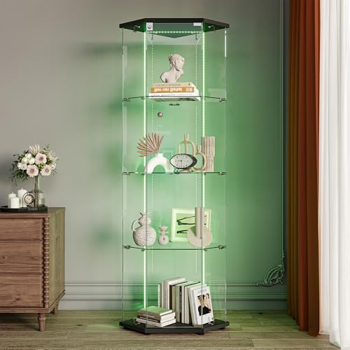 FOERPL Vitrina De Cristal LED Para Colección Con 1 Puerta, Armario Esquina De 4 Capas, Cerradura, Mueble Transparente Para Salón, Bar, 162x40x60 Cm, Negro