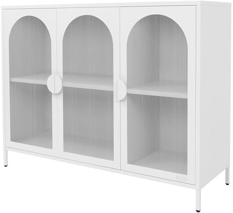 ML-Design Aparador con 4 Compartimentos/Estantes y 3 Puertas 120 x 93 x 40 cm Metal Blanco, Vitrina con Patas Ajustables, Cómoda Armario de Almacenamiento Mueble Bajo Decorativo de Salón