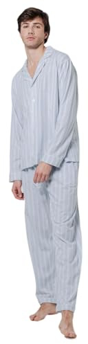 TRAMAS+ Pijama de Hombre Camisero Largo,100% Algodón, con Manga Larga y Pantalón Largo, Conjunto de Ropa para Dormir Entretiempo -XL, Raya Marsella Azul