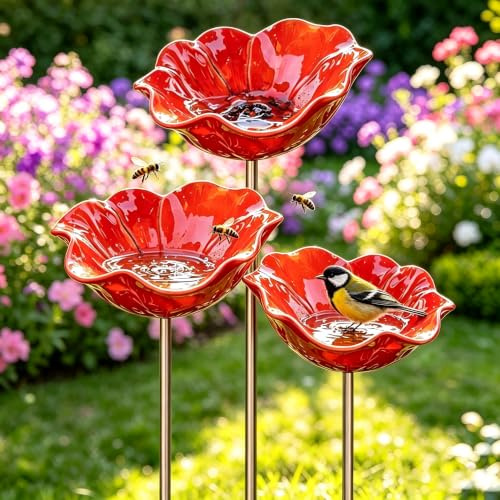 Fleur Métallique sur Poteau, Bac à Oiseaux, Décoration Jardin Extérieur | Station d’Eau et Nourriture pour Oiseaux Sauvages, Baignoire et Abreuvoir Extérieur adapté au Jardin et Balcon