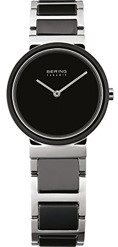 BERING Damen Quarz Uhr | Armbanduhr 29 mm silbernes Edelstahlgehäuse und schwarzes Zifferblatt | Edelstahlband mit Keramikelementen | 5 ATM | 10729-742