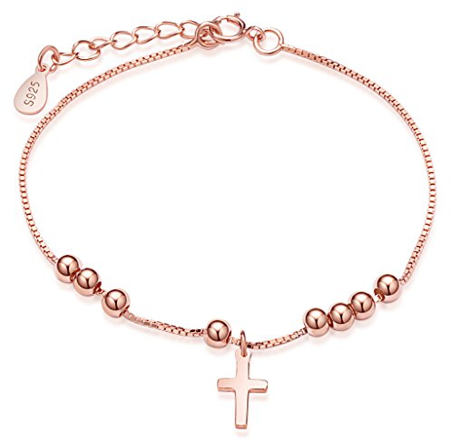 Unendlich U Fashion Damen Charm-Armband 925 Sterling Silber Kreuz Kugeln Beads Armkette Verstellbar Armkettchen Armreif, Rosegold