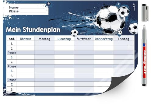 Fußball Stundenplan abwischbar mit Stift I DIN A4 I magnetisch I Jungen Jungs blau weiß schwarz I dv485