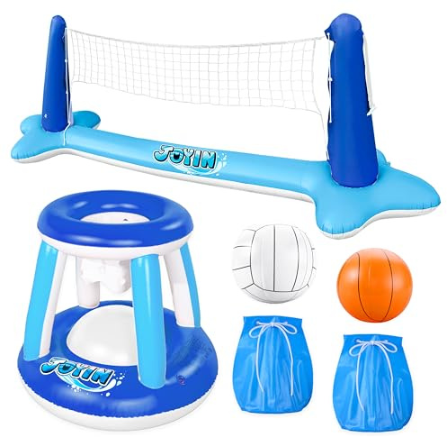 JOYIN Flotteurs de piscine gonflables, filet de volley-ball et panier de basket-ball, jeu de natation flottant pour enfant/adultes, flotteurs d'été, jouets d'été pour les sports aquatiques, bleu foncé