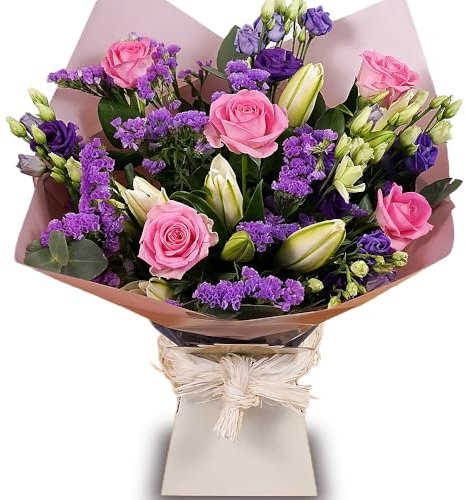 Purple Passion Hand-Tied Flower Bouquet - Fresh Purple Lisianthus, White Lilies, and Pink Roses - Next Day Prime Delivery - Perfect for Birthdays, Anniversaries, and Special Occasions