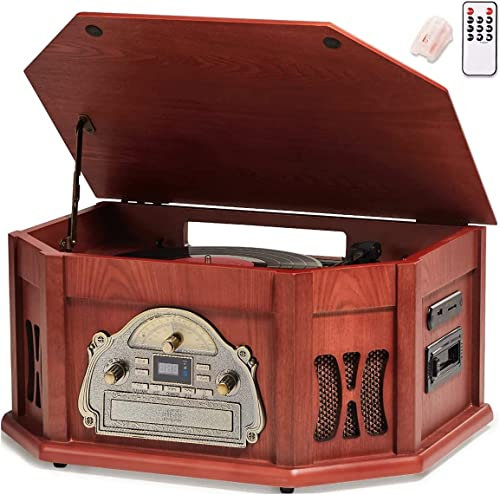 ORCC Tourne-disque 10 en 1, tourne-disque nostalgique pour disque vinyle avec Bluetooth, 2 haut-parleurs intégrés, CD, cassette, radio AM/FM, USB, fente SD, télécommande, TT-168-REC