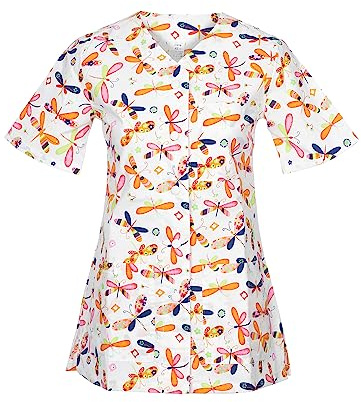 DINOZAVR Carla Uniforme Medica - Medico Casacca da Donna con Bottoni a Pressione - Bianco/Libellule 3XL