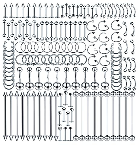 Oveta 150PCS Body Piercing Jewelry Lot 14G 16G 20G Stainless Steel Nose Lip Tongue Cartilage Tragus Eyebrow Industrial Barbell Belly Button Rings Piercing Kit Jewelry (Silver)