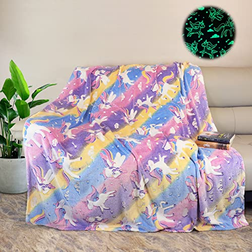 HSGLGNA Coperta per bambini, con unicorno, luce al buio, morbida coperta in flanella, per ragazzi e ragazze, divano (unicorno 03, 150 x 200 cm)