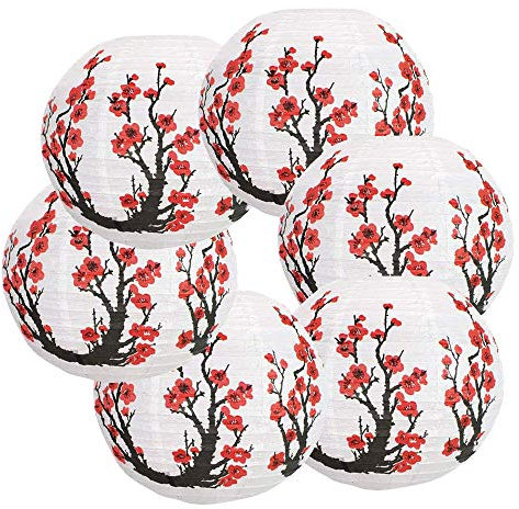 6 Stück 30,5 cm rote Kirschblüten Laterne aus Papier, weiß, rund, chinesisch, japanisch, Papierlampe, für die Dekoration von Partys, Hochzeiten
