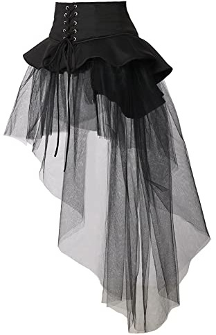 BPURB Steampunk Gonna in Tulle con Volant Vittoriano per Donna Cintura in Vita Corsetto Sottoveste Pirata Cosplay Halloween, Nero-1, L