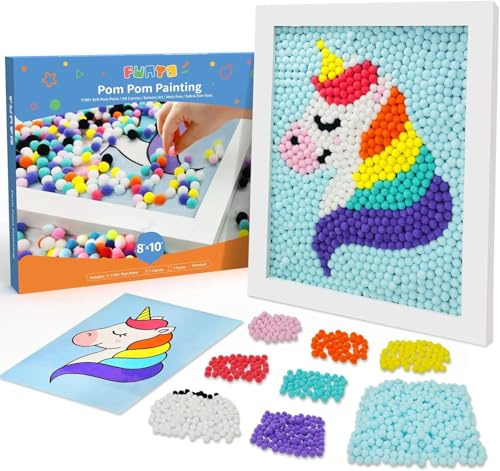 Funto Unicorn Pom Pom Painting Art Kit, 1100+ Pom Poms, Canvas and Sturdy Frame for Home Decor, Artistic Kid Crafts, Kids Painting Kit