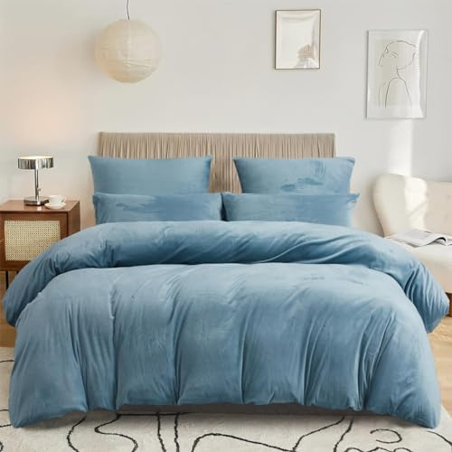 DXHOME Juego de ropa de cama de invierno de 200 x 200 cm, mullida, color azul claro, azul, forro polar, de microfibra, cálido, suave, para invierno, funda nórdica con cremallera y 2 fundas de almohada