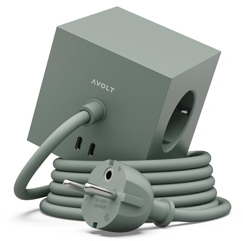Avolt Steckdosenleiste Wurfel USB C - Die Weltweit Ersten Designer-Steckdosenleisten Fur Zuhause und Büro - 3 Steckdosen und 2 USB-Anschlusse - Magnetische (Oak Green, USB-C 1.8m)