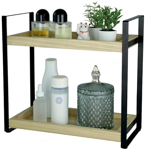 alma home Standregal Badezimmer Organizer - Badregal ohne Bohren 2-Ebenen aus Holz und Metall schwarz als Regal für Bad Aufbewahrung, Kosmetik oder Holzregal für Schminktisch