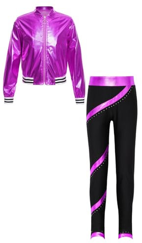 Jugaoge Kinder Bekleidungsset Mädchen Jungen Jacke und Hose Lack Leder Optik Jogging Anzug Herbst Winter Sport Fitness Tanz Outfits Violett A 134-140
