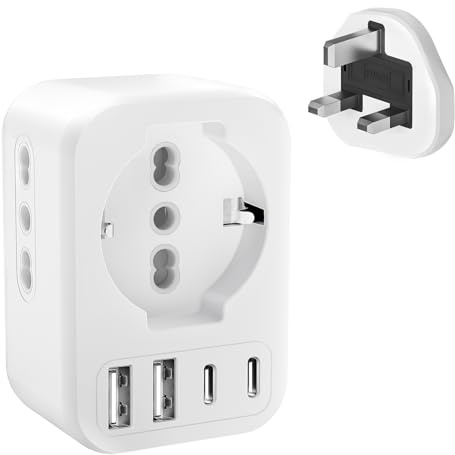 Clomnpe Adattatore Presa Inglese, 7 in 1 Adattatore Inglese Italiano con 2 Prese Italiane e 1 Presa Schuko, Adattatore Spina Inglese-Spina UK 3250W, per Irlanda, Kenya, Scozia, Adattatori Spine Tipo g