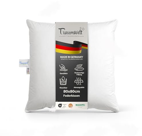 Traumwelt Natur Made in Germany Federkissen 80x80 cm, weiß, Kopfkissen aus neuen Federn Klasse 1, 1500g. Allergiker geeignet, Öko-Tex 100 Klasse 1 Zertifiziert, Downpass
