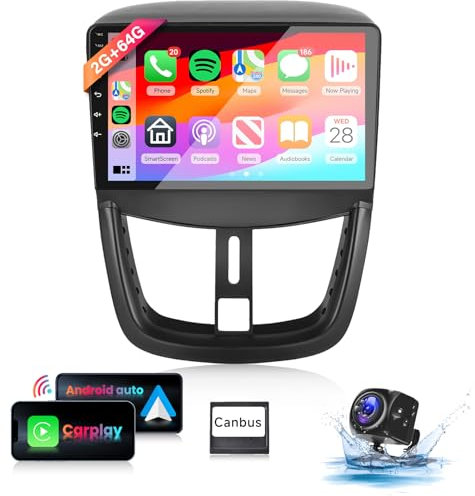 【8 Núcleo 2+64G】 Hodozzy Carplay Radio Coche para Peugeot 207 2005-2015,9 Pulgadas Autorradio Android con Pantalla Táctil con Android Auto/WiFi/GPS/RDS/FM/Bluetooth/USB/DSP+Canbus