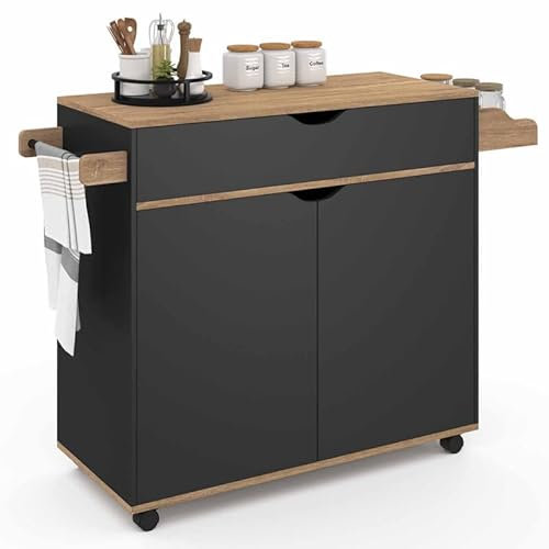IDMarket - Küchenwagen COSY XXL Schrank mit schwarzer Schublade und Buchenholzplatten B.90 CM