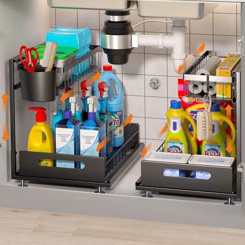 2 Pack Under Sink Storage, 2-Tier Pull Out Metal Undersink organiser With Hanging Cup, Sliding Shelf Adjustable Under Sink Rack for Kitchen Bathroom Cabinet Countertop Laundry