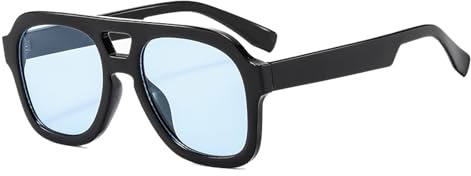 Long Keeper Occhiali da Sole Pilot Uomo Donna Occhiali da Sole Quadrati Pilota Retrò Anni 70 Occhiali da Guida Notturna Occhiali Pilota UV400 (Montatura Nero - Lente Blu)