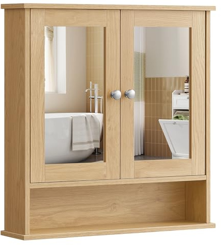 VASAGLE Armoire Murale, Meuble Salle de Bain, Placard de Rangement, Armoire Suspendue, 2 Portes-Miroir et Compartiment Ouvert, Étagère Réglable, 13 x 56,5 x 58,5 cm, Couleur Chêne Naturel LHC003Y01