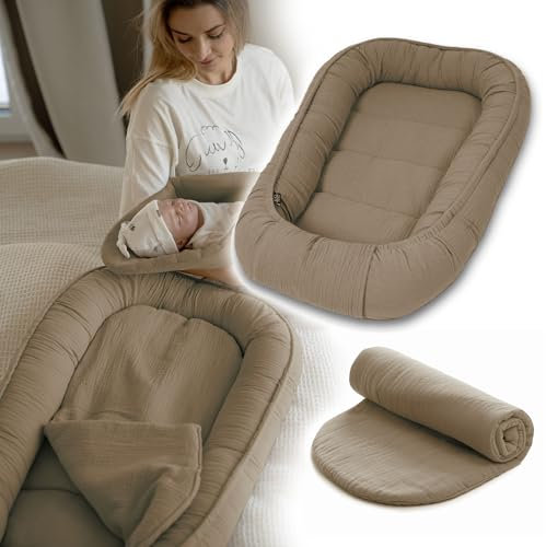 PaLulli® Baby Nestchen 100x60cm – Weiches Musselin-Babynest mit Matratze | Schlafnest, Kokon, Reisebett für Neugeborene | 100% Baumwolle (Braun)