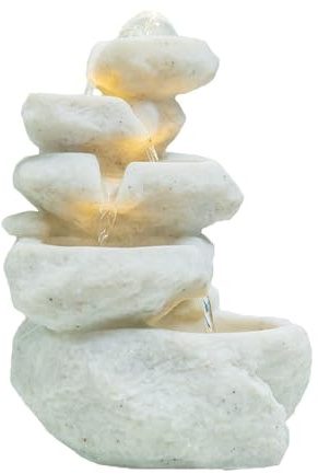 ZYJIX Water Fountain Indoor With LED Lights, Decorative Tiered Rock Design, Small 13.7 Inch Desktop Size, Quiet Soothing Sound, Relaxing Waterfall Effect(Color:White)