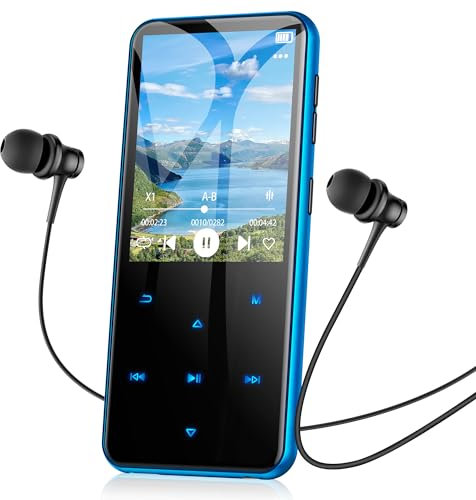 AGPTEK 64Go MP3 Bluetooth avec Haut-Parleur, 2.4 Grand Écran Lecteur MP3 en Métal Qualité Sonore HiFi Audio MP4 Baladeur Sport de Bouton Tactile Radio FM Podomètre Enregistreur 60H de Musique-Bleu