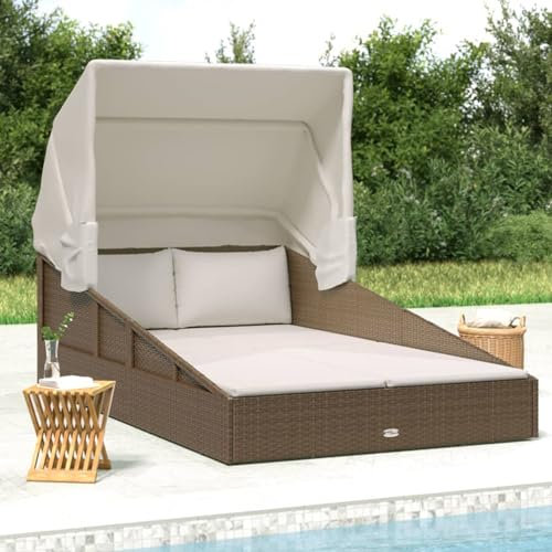 IKAYAA Sonnenliege für 2 Personen mit Faltdach Polyrattan Doppelliege Outdoor 2 Personen Sonnenbett Outdoor Bett Gartenbett Garten Relaxliege 200x114x128 cm, Braun