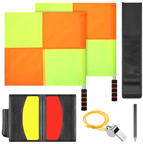 simarro Soccer Referee Flag (2 Pcs), Metal Pole Foam Handle Water Proof Checkered Linesman Flags Set with Storage Bag Red Yellow Cards, Referee Notebook with Pencil, Coach Whistle with Lanyard