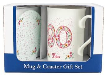 Purely Home Pink Floral Nans 90th Birthday Mug & Coaster Gift Set - Bone China Mug and Glass Coaster Tea/Coffee Cup Present for Nan