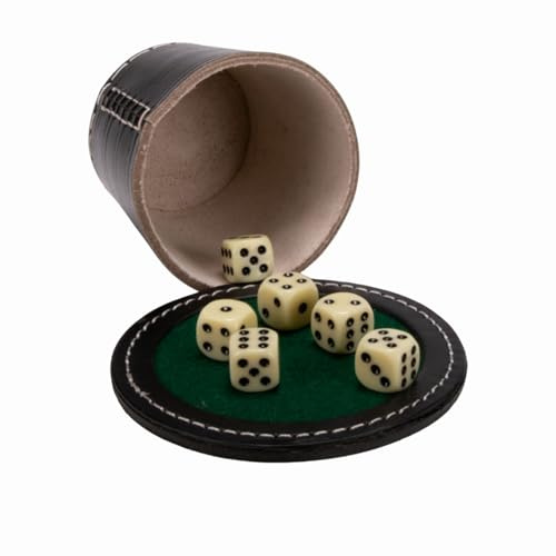 GICO Bicchiere per Dadi Grande in Vera Pelle Nera con Coperchio – 12 cm con Piastra e 6 Dadi Inclusi – 5901