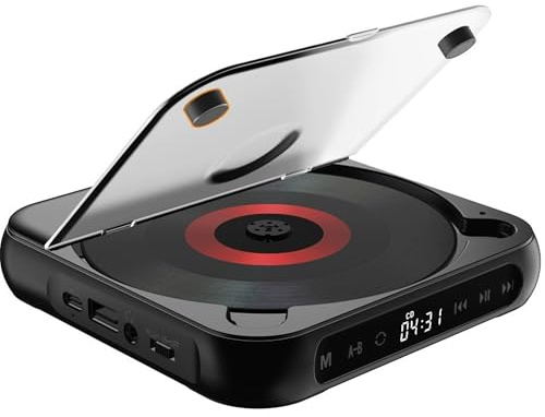 Bärbar CD-spelare med Bluetooth 5.3, laddningsbar personlig CD-spelare för hem, inbyggda HIFI-högtalare med dubbla hörlurar Jack 2000MAH Battery LCD-skärm, stöder CD/AUX/USB black