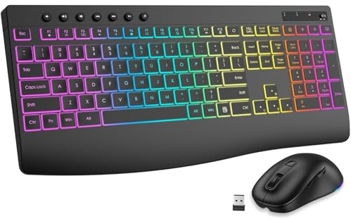 Wireless Keyboard and Mouse Combo, 9 Backlit Effects, 4000mAh Rechargeable Backlit Keyboard with Wrist Rest, 6 Button Mouse, 2.4G Full Size Quiet Keyboard Set for Computer, PC, Laptop, Mac, Windows