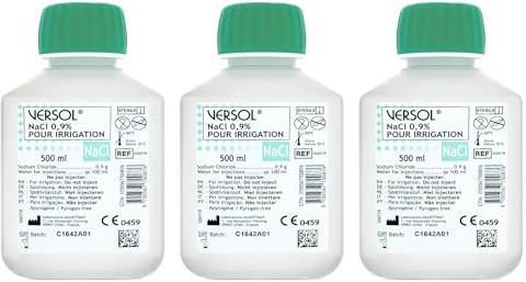 VERSOL NaCl 0,9% – 3 × 500 ml Solution Saline Isotonique – Solution Stérile Douce pour Lavage Nasal, Nettoyage des Plaies & Soin Quotidien – pH Neutre & Respectueuse de la Peau – Format Familial