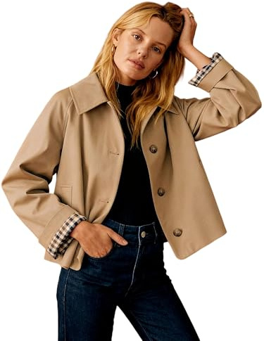 Lxootd Womens Casual Fall Jacket Lapel Neck Button-Down Cropped Long Sleeve Coat for Daily Outing Office Travel (Khaki, M)