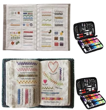 2 Piezas Embroidery Stitches Book - Libro de Puntada de Bricolaje | Libro de Bordado Portátil y Juego de Costura | Uía completa de Bordado Mano para Principiantes Adultos Fácilmente en Casa y de Viaje