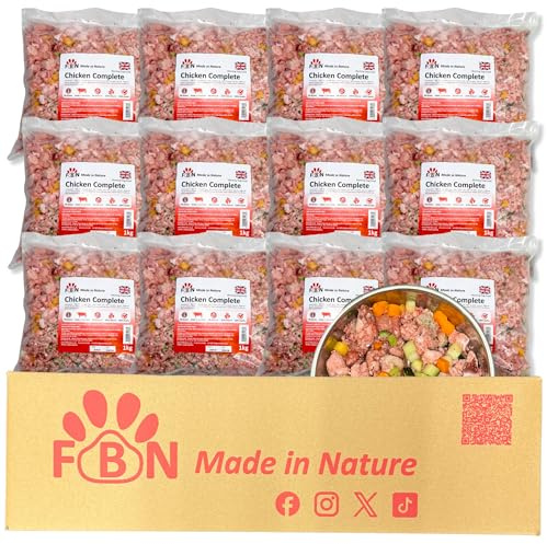 Raw Dog Food Chicken Complete 12kg Box – BARF Premium British Meat Frozen Dog Food 1kg Bags Premium Meat Recipe – Complete Dog Food with Vegetables & Botanicals for Working Dogs